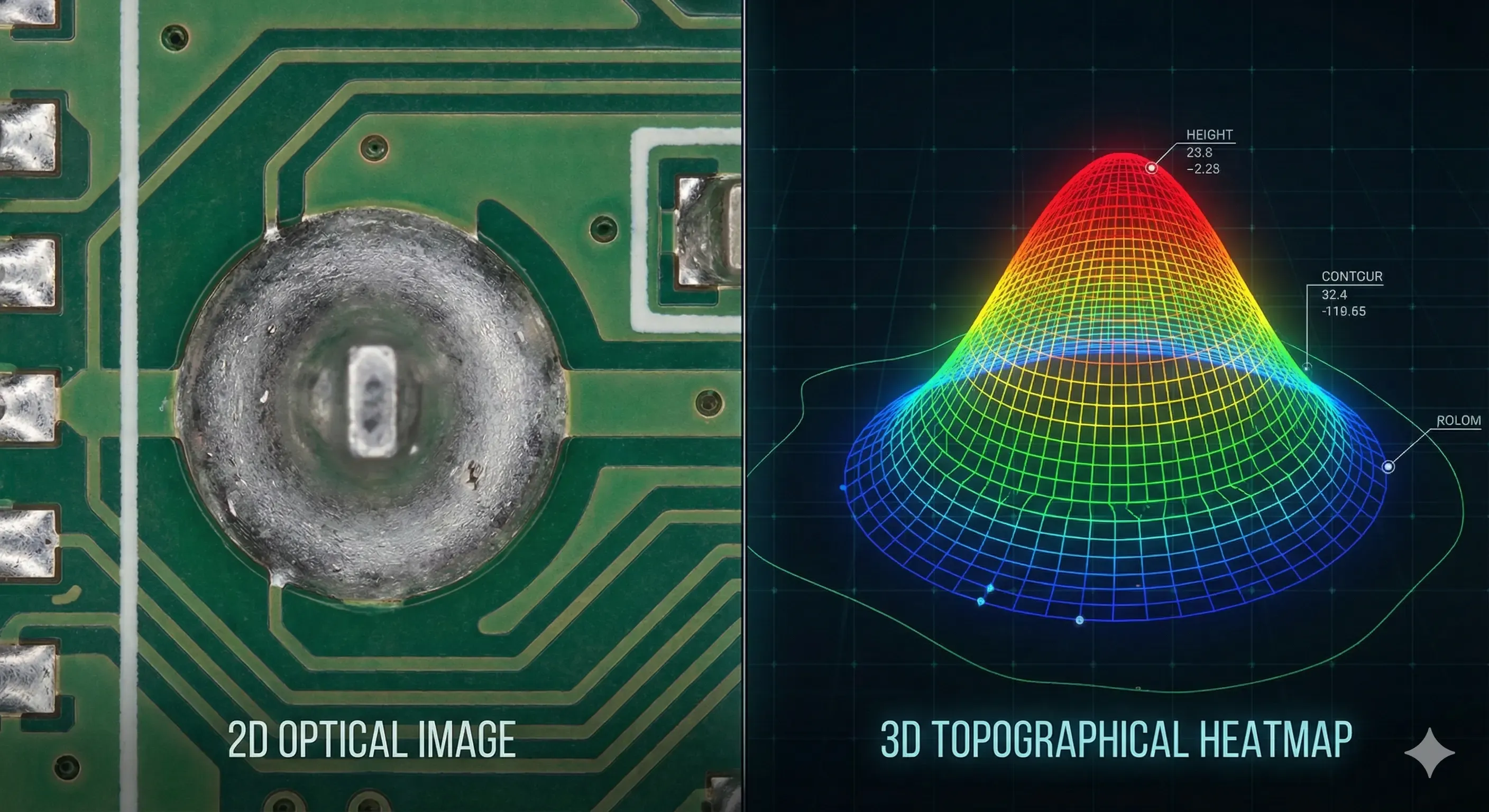 Comparison between traditional 2D inspection and 3D volumetric measurement of solder joints.