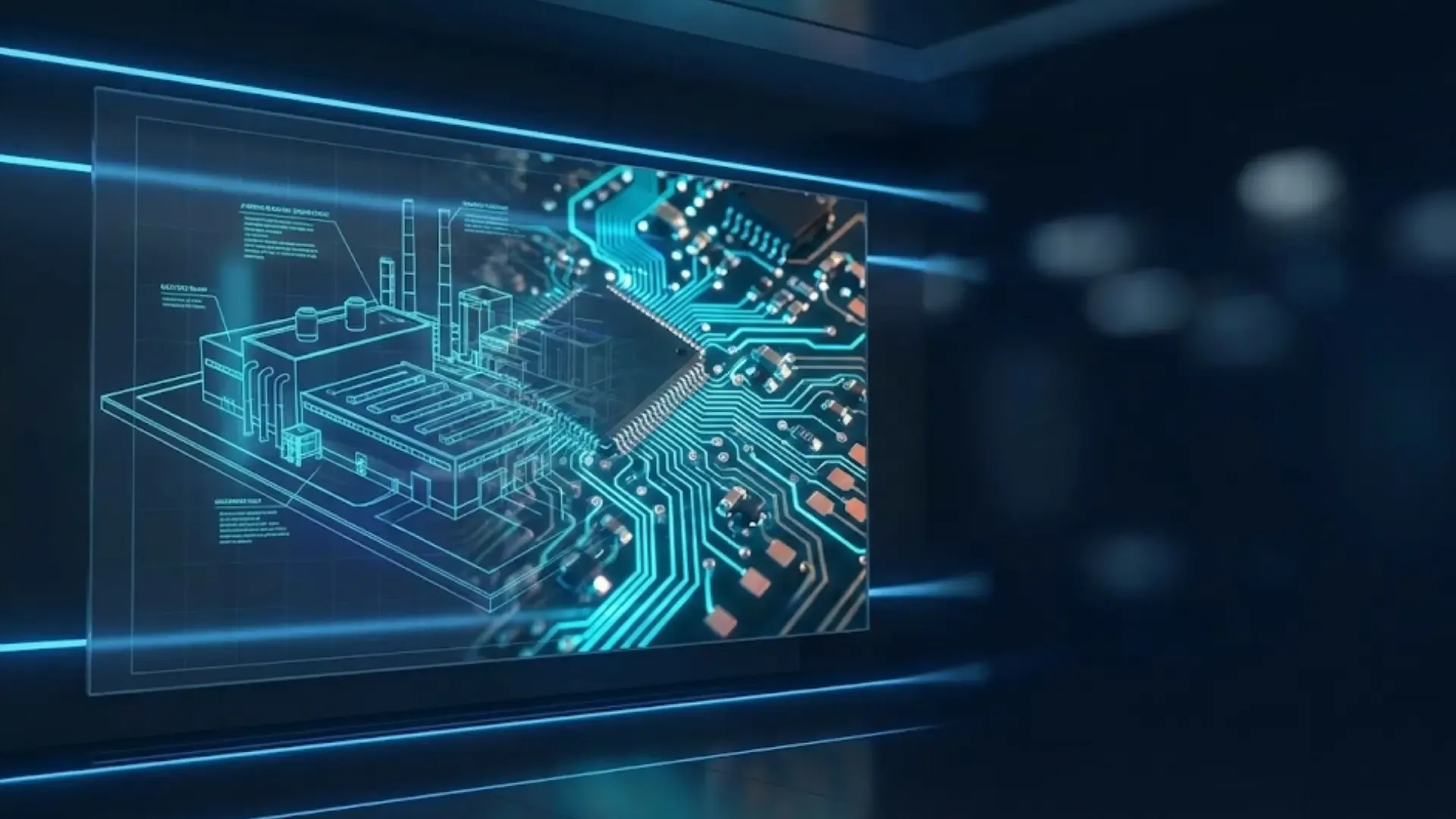 Digital holographic visualization of a smart electronics factory layout and microchip architecture.