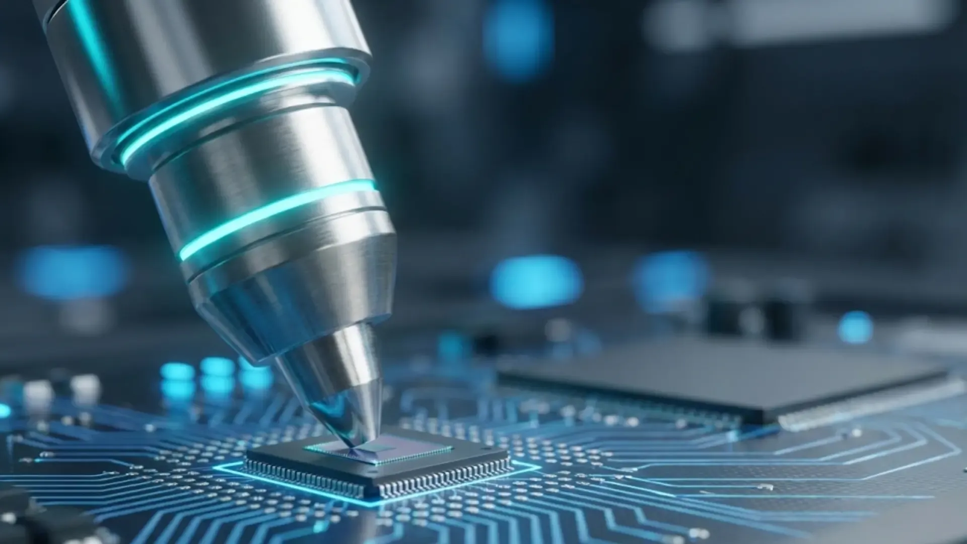Close-up of a high-precision machine nozzle working on a microchip circuit board with blue lighting.