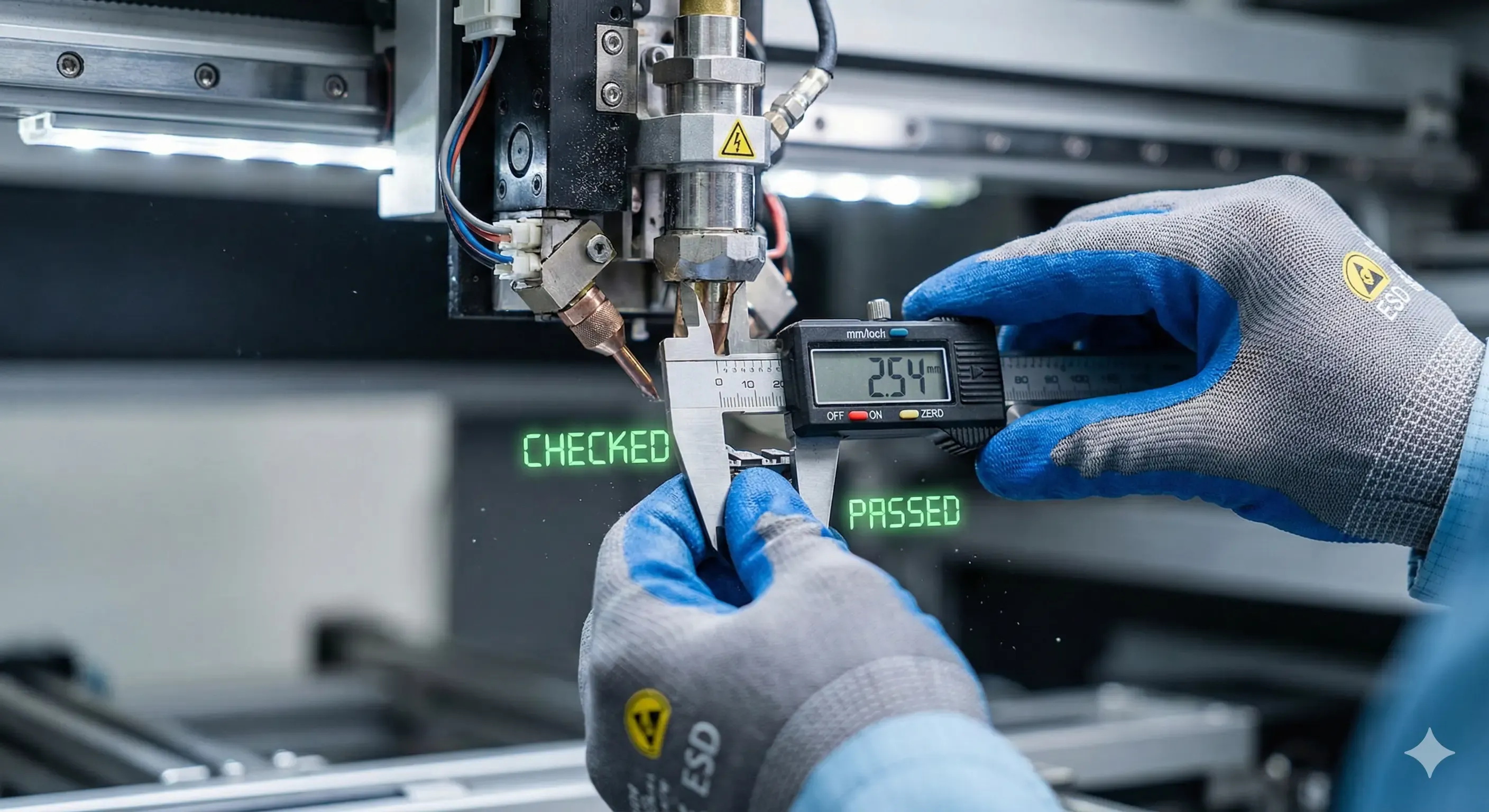 Engineer conducting a technical audit on a certified pre-owned chip mounter machine