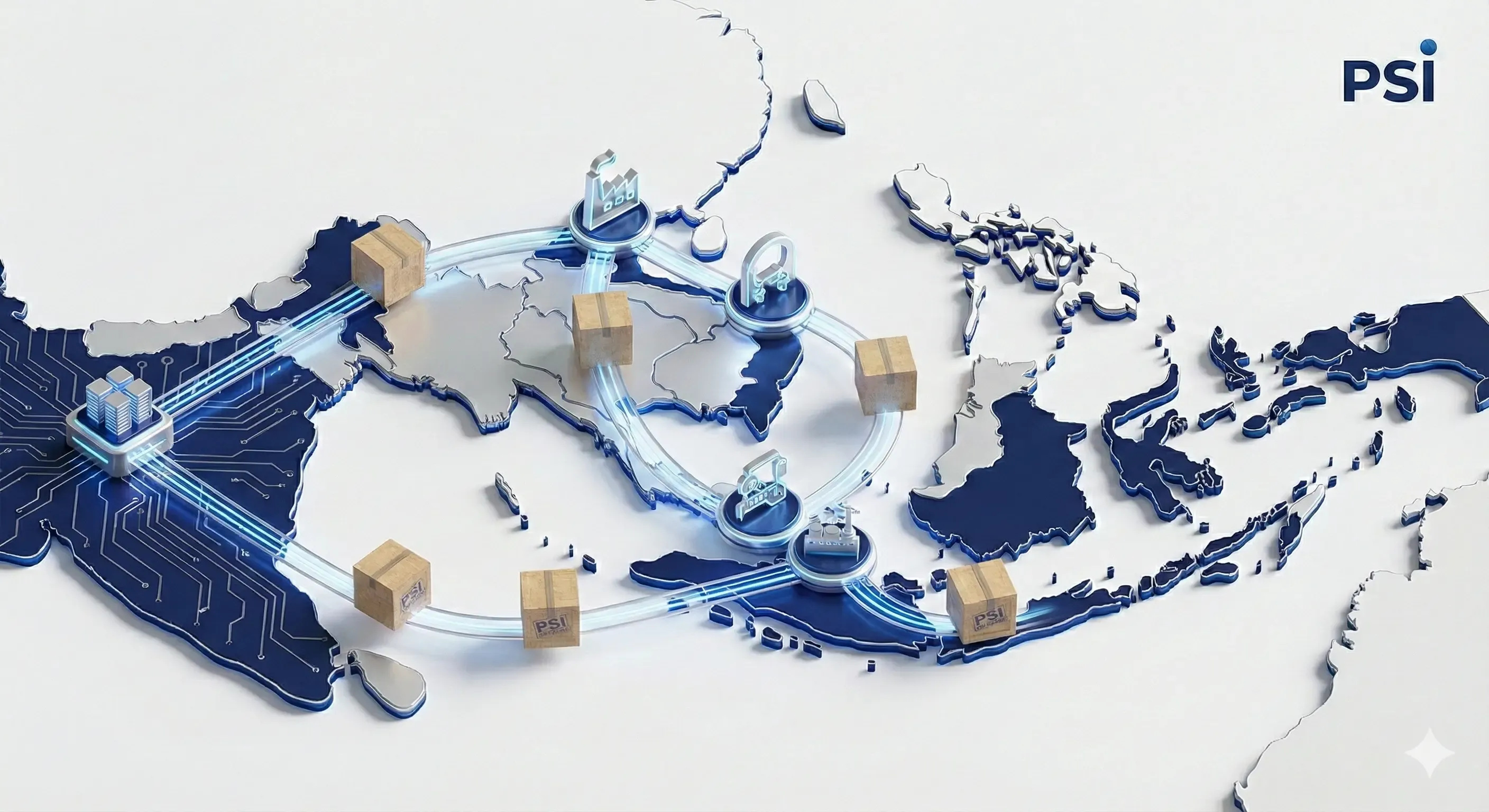 3D visualization of logistics map connecting manufacturing hubs in Vietnam, Batam, and India