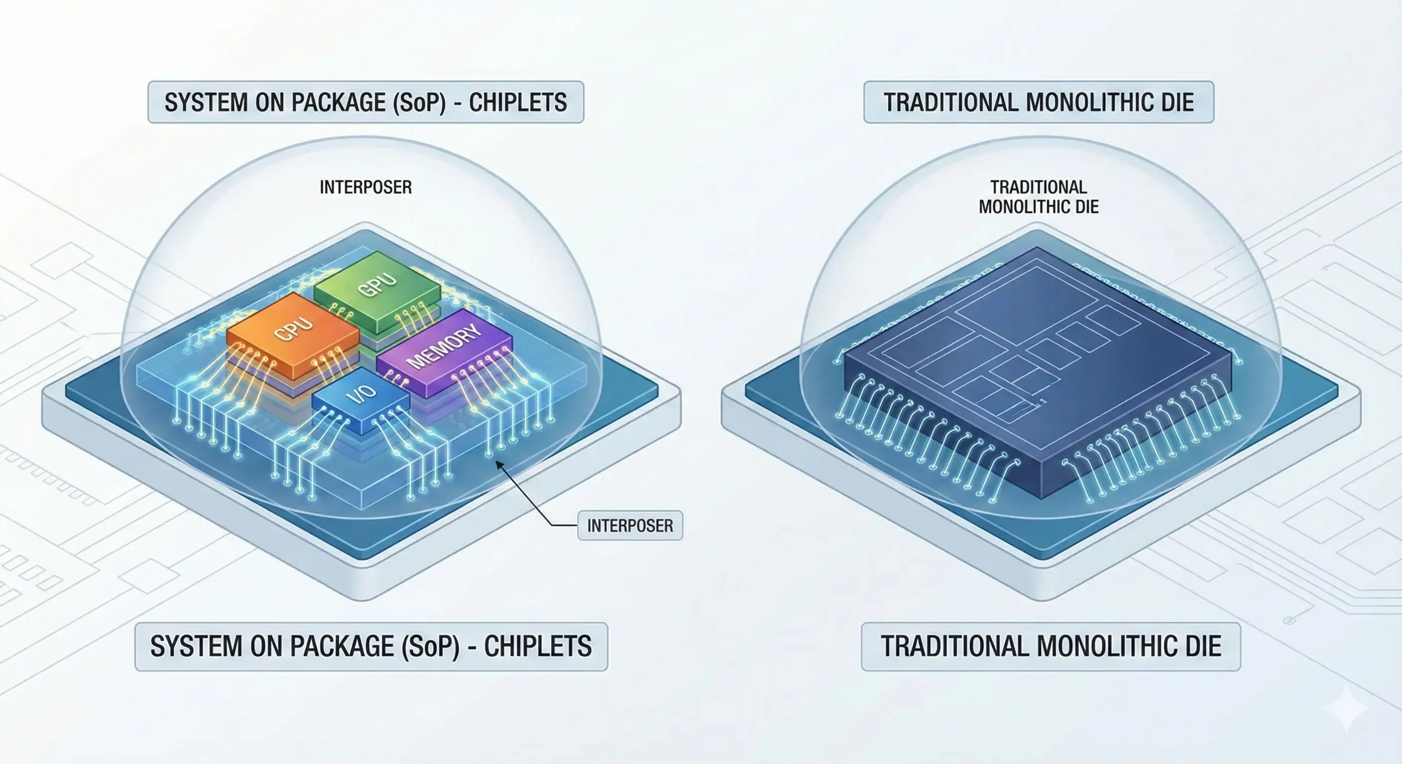 Diagram illustrating Chiplet Architecture versus traditional Monolithic design in semiconductor manufacturing.