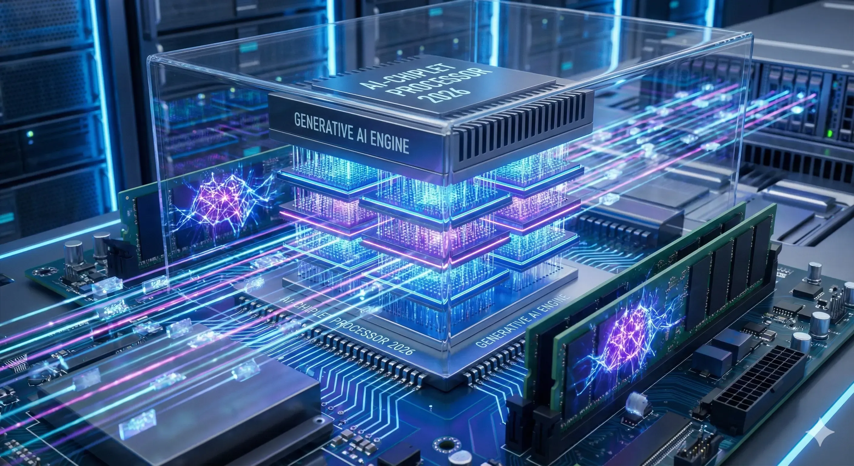 Close-up of Advanced IC Packaging showing heterogeneous integration of different process nodes.