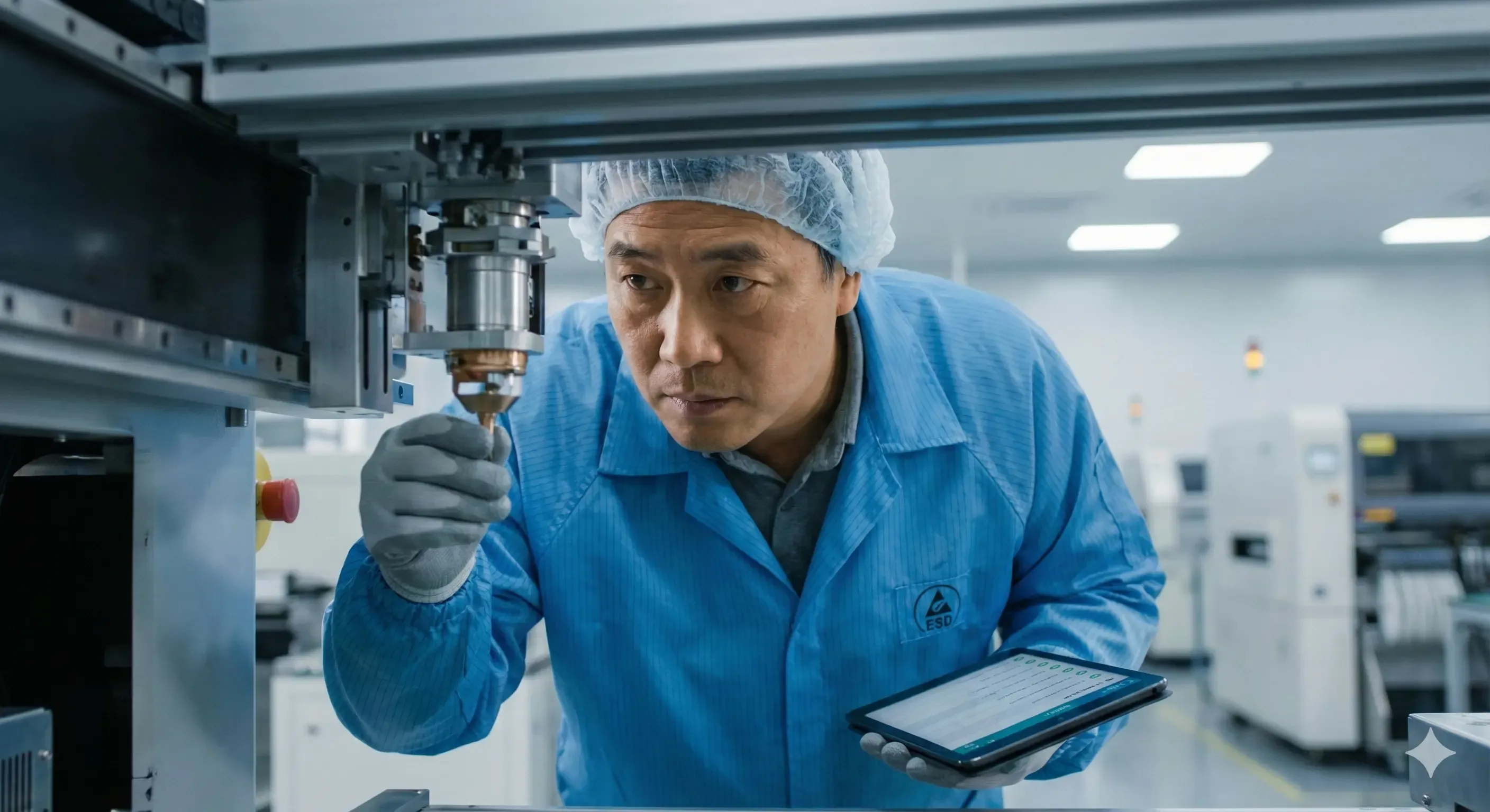 Engineer performing a rigorous quality audit on a used pick and place machine.